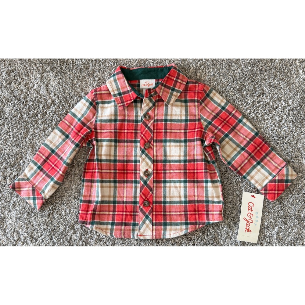 Cat & Jack Baby Boys Red Green Plaid Flannel Button Down Shirt 6-9M NWT